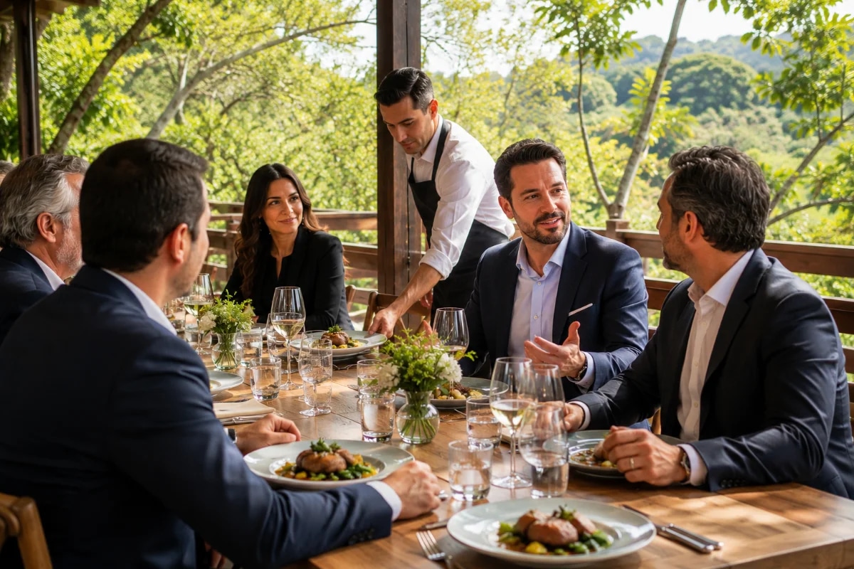 Fotografia editorial realista de um jantar corporativo exclusivo em restaurante sofisticado, mesa longa com poucos executivos bem vestidos conversando, louças finas e taças de vinho, pratos gastronômicos servidos por equipe discreta, ambiente elegante com iluminação quente e indireta, acústica sugerida por clima calmo, fundo com detalhes de madeira e plantas, composição horizontal 600x400, enquadramento levemente lateral mostrando mesa e serviço, profundidade de campo suave, sem texto, sem logotipos, sem marcas d’água