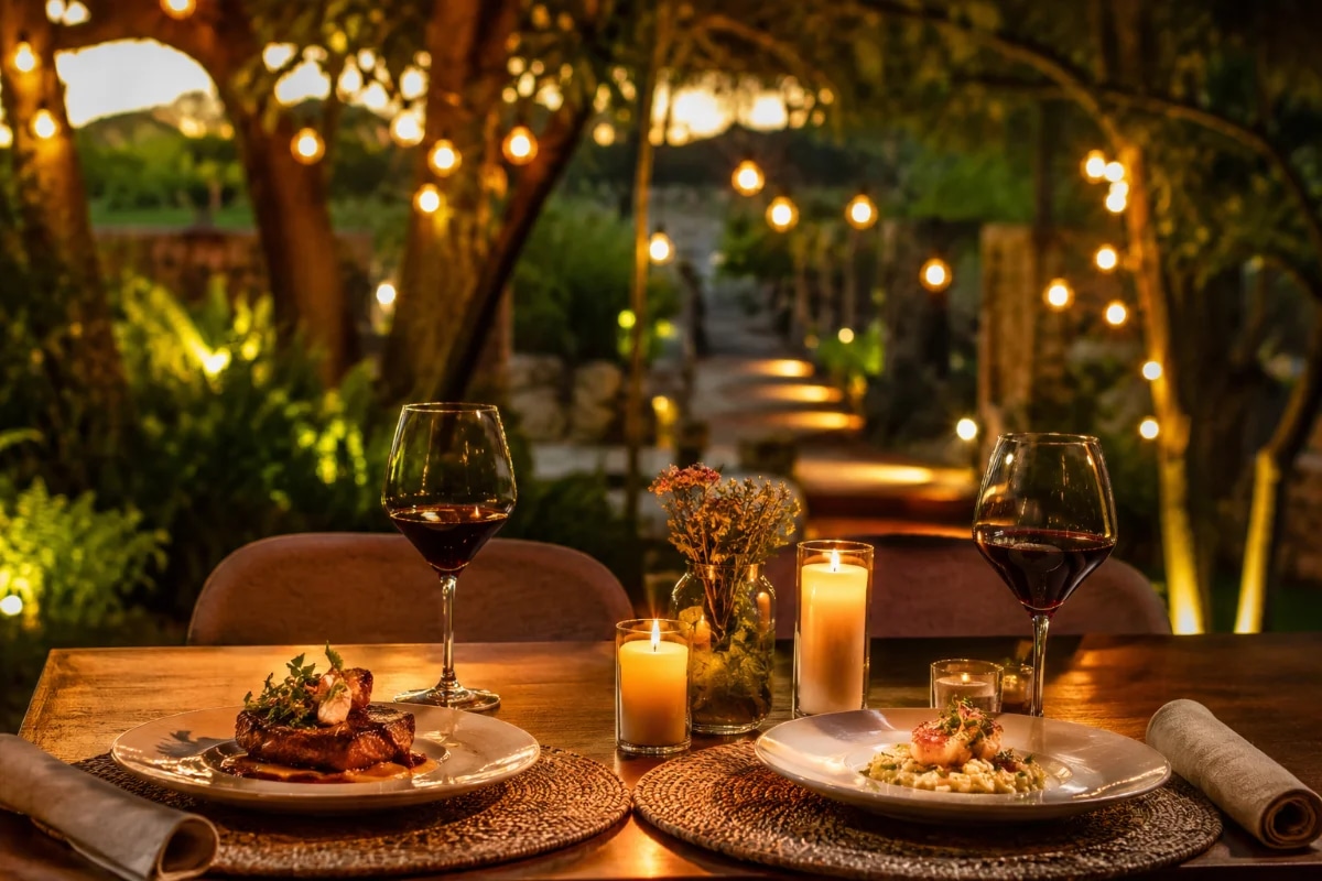 Cena de um jantar comemorativo romântico ao ar livre em meio à natureza, mesa posta elegante para duas pessoas com velas e louças sofisticadas, taças de vinho, pratos bem apresentados, luzes quentes pendentes ao fundo, vegetação e árvores desfocadas criando profundidade, atmosfera íntima e acolhedora, estilo fotografia editorial gastronômica realista, iluminação dourada de fim de tarde com pontos de luz suave, composição com a mesa em primeiro plano e caminho de luz ao fundo, enquadramento horizontal 600x400, sem texto, sem logotipos, sem marcas d'água