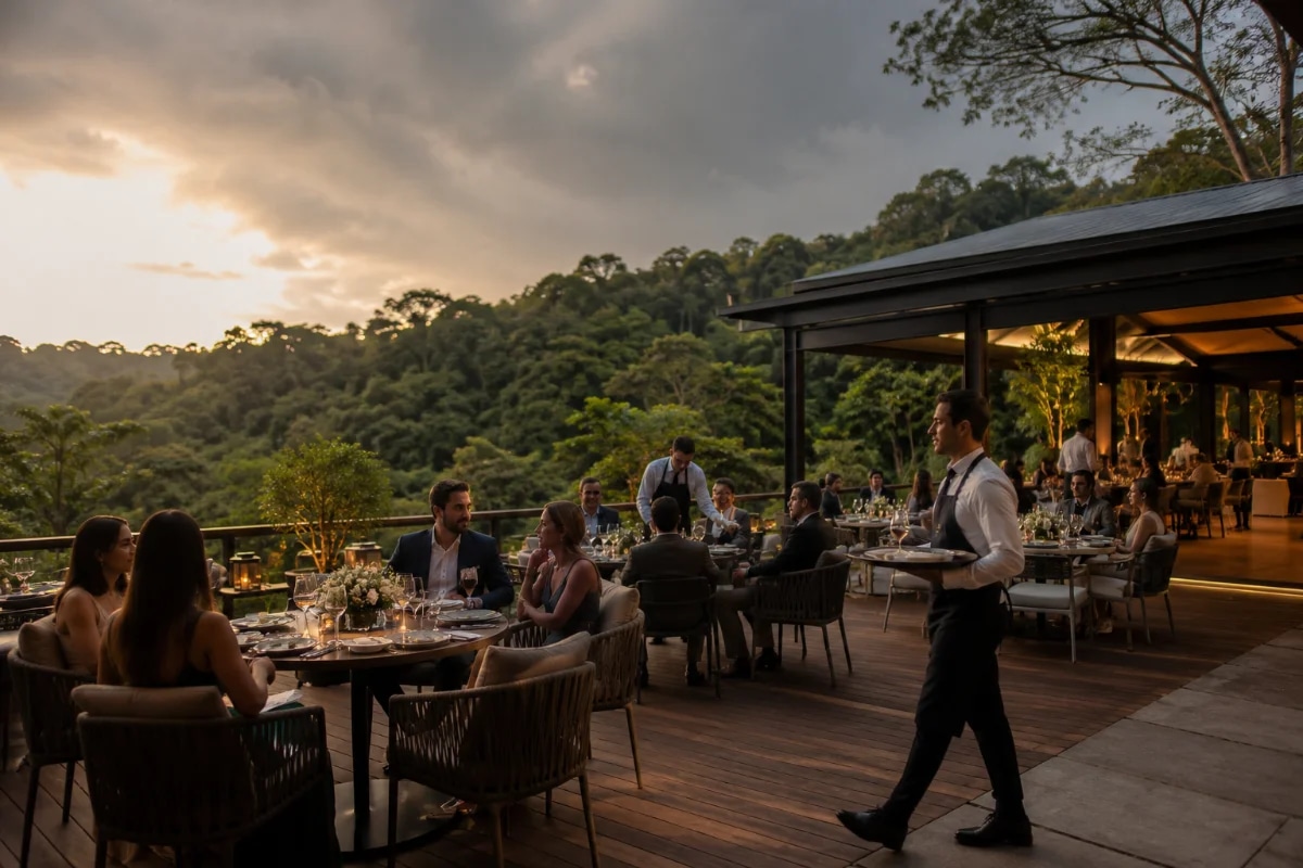 Fotografia realista de um evento ao ar livre em restaurante na serra, com mesas elegantes e minimalistas em deck de madeira cercado por mata atlântica, convidados bem vestidos em clima de celebração discreta, equipe de serviço passando com bandejas, luz dourada de fim de tarde, céu parcialmente nublado sugerindo mudança de clima, ao fundo uma área coberta preparada como plano B, composição ampla e sofisticada, profundidade de campo suave, cores naturais, iluminação cinematográfica suave, enquadramento horizontal 600x400, sem texto, sem logotipos, sem marcas d’água