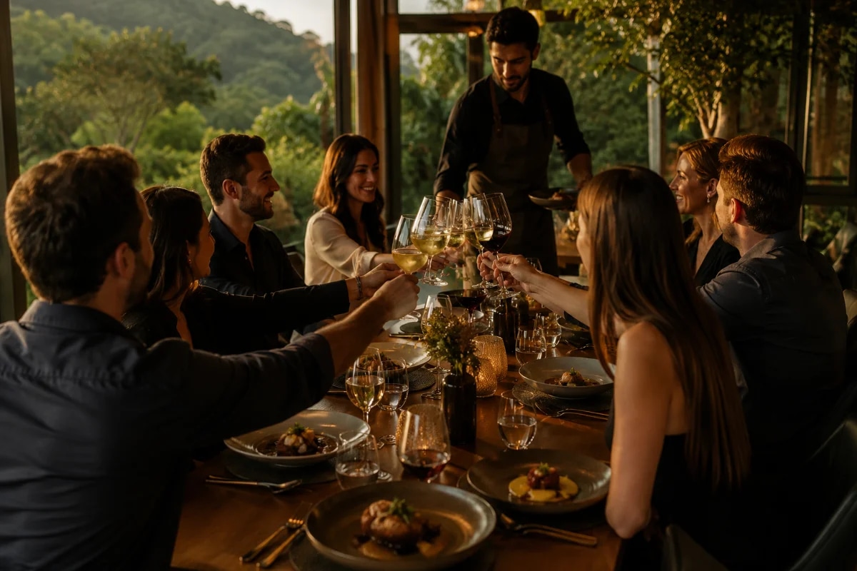 Cena de confraternização pequena e sofisticada em restaurante na natureza perto de São Paulo, mesa posta para 8 a 12 pessoas com louças elegantes e taças, pratos autorais servidos por garçom, ambiente com luz quente do pôr do sol entrando por grandes janelas, vista de mata atlântica ao fundo, decoração minimalista contemporânea, clima intimista e silencioso, composição com foco na mesa e nas mãos brindando, profundidade de campo suave, fotografia editorial gastronômica, iluminação natural dourada + luz ambiente suave, enquadramento horizontal 600x400, sem texto, sem logotipos, sem marcas d’água