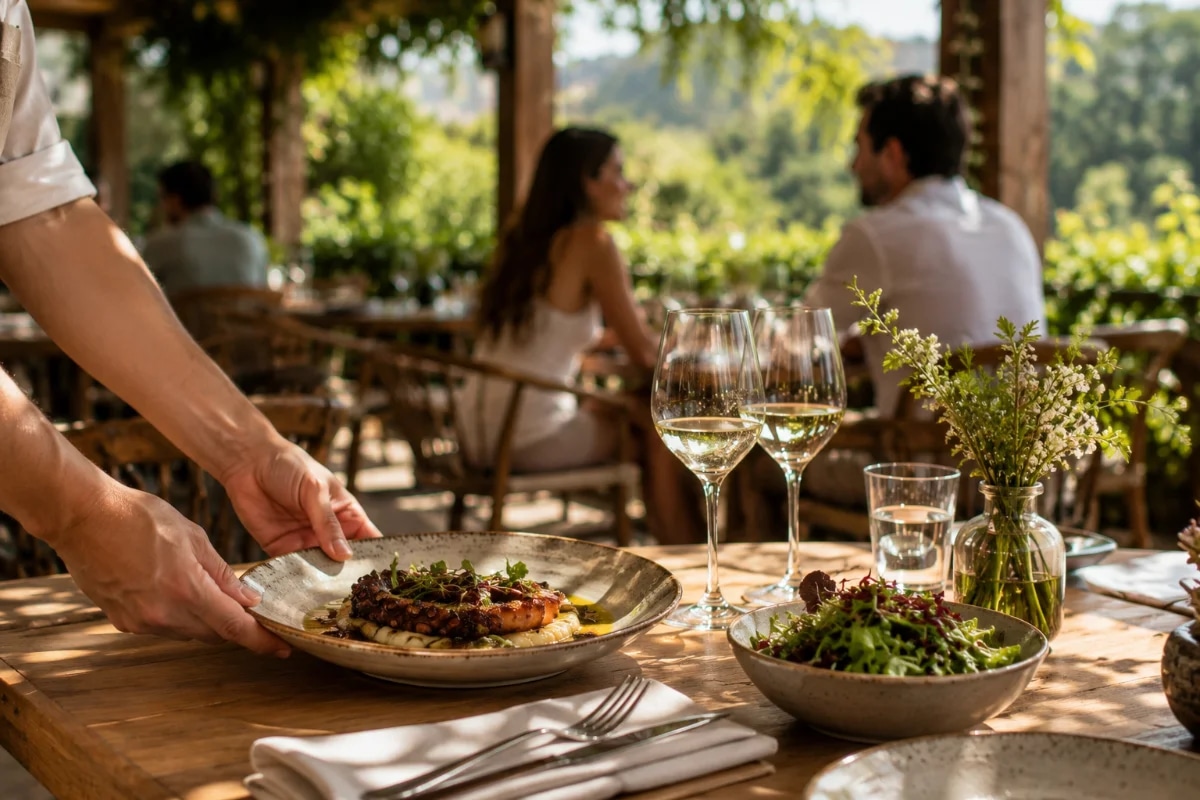 Fotografia editorial realista de um jantar intimista em restaurante aconchegante: mesa posta com pratos bem apresentados e taças, vapor sutil subindo de um prato, pessoas desfocadas ao fundo em conversa, luz quente de velas e luminárias, detalhes de textura (madeira, linho, cerâmica), atmosfera acolhedora e elegante, profundidade de campo rasa, composição com foco no prato e nas mãos servindo, enquadramento horizontal 600x400, sem texto, sem logotipos, sem marcas d’água