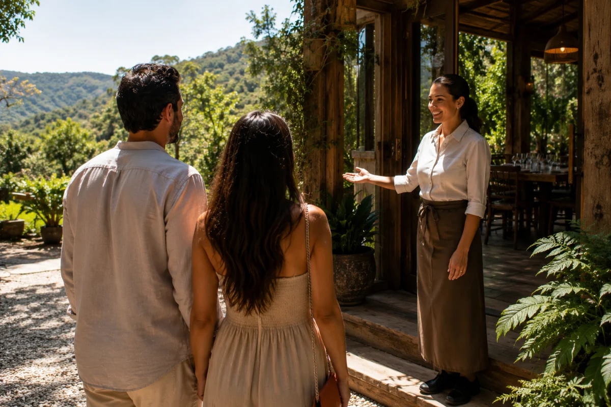 um casal sendo recebido na porta do restaurante de forma acolhedora, durante o dia em restaurante rustico com vista para a serra da cantareira.