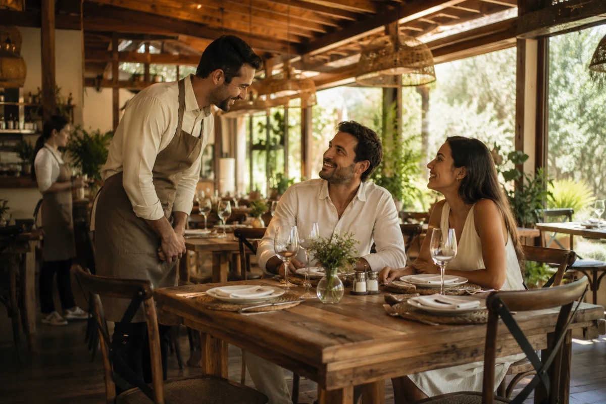 Capa para artigo sobre atendimento personalizado em restaurante: salão sofisticado e acolhedor de restaurante premium à noite, mesa bem posta em primeiro plano com taças e talheres, um maître ou garçom elegante inclinando-se discretamente para ouvir um casal sorrindo, gesto de atenção sutil, ao fundo equipe em movimento suave e luzes quentes desfocadas (bokeh), atmosfera de hospitalidade e exclusividade, composição cinematográfica, estilo fotografia editorial realista, cores quentes, iluminação suave e indireta, profundidade de campo rasa, enquadramento horizontal 600x400, sem texto, sem logotipos, sem marcas d’água