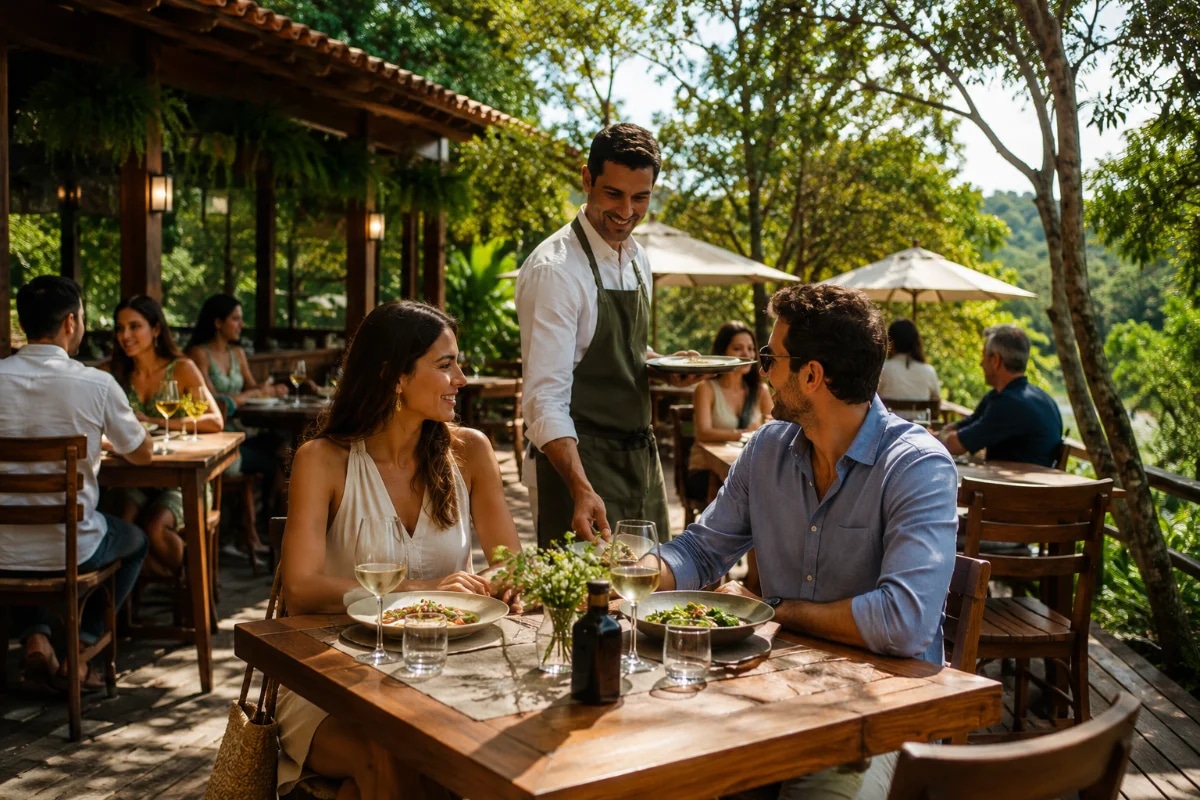 Cena em um restaurante sofisticado e acolhedor, com mesa posta para dois em primeiro plano (taças, talheres e prato minimalista), um garçom elegante ao fundo aproximando-se com postura discreta e atenta, luz quente e suave de luminárias pendentes, ambiente com madeira e tons neutros, sensação de calma e ritmo, profundidade de campo com bokeh, estilo fotografia editorial gastronômica realista, composição equilibrada com linhas conduzindo ao atendimento, enquadramento horizontal 600x400, sem texto, sem logotipos, sem marcas d'água