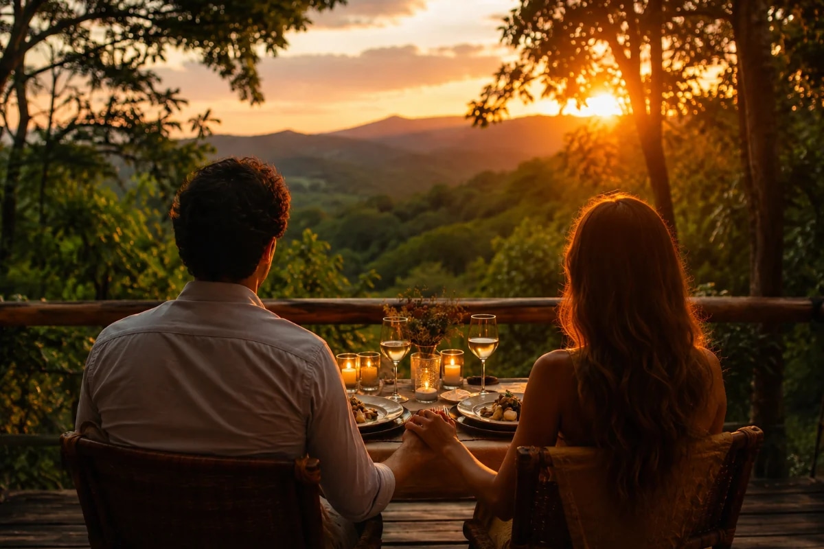 Cena romântica ao pôr do sol na Serra da Cantareira: casal de costas em uma mesa para dois em varanda rústica de madeira com vista para mata atlântica e montanhas, taças e pratos de jantar elegante, velas discretas, luz dourada do entardecer filtrando entre árvores, atmosfera intimista e tranquila, composição cinematográfica com profundidade de campo suave, estilo fotografia realista premium, cores quentes naturais, iluminação natural com contraluz suave, enquadramento horizontal 600x400, sem texto, sem logotipos, sem marcas d'água