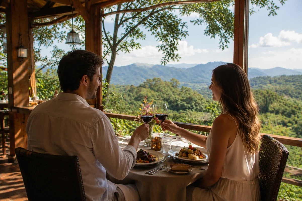 Cena romântica em restaurante na serra ao entardecer, mesa para dois perto de uma janela com vista para montanhas e árvores, taças de vinho e pratos bem apresentados, luz quente de velas e luminárias, atmosfera intimista e elegante, estilo fotografia editorial realista, profundidade de campo suave, composição horizontal 600x400, enquadramento médio mostrando mesa e paisagem ao fundo, sem pessoas em destaque, sem texto, sem logotipos, sem marcas d'água