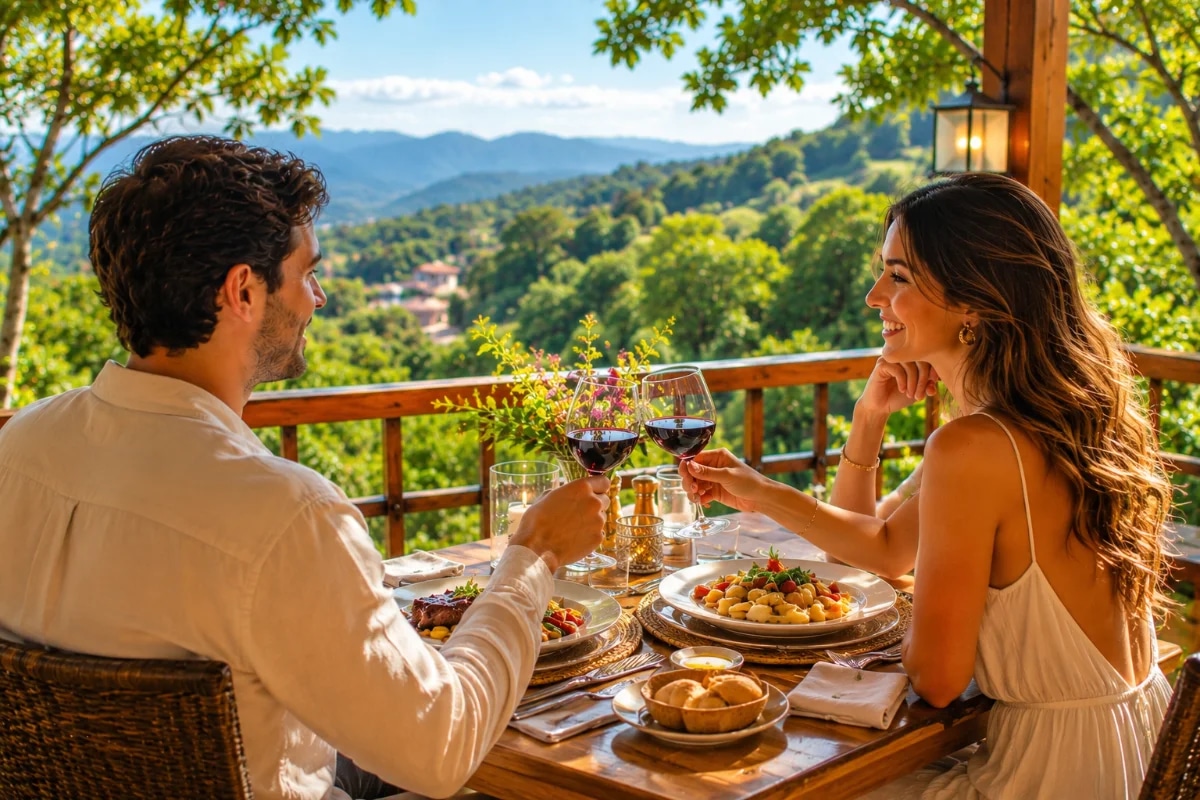 Capa fotográfica realista de um jantar romântico em restaurante na Serra da Cantareira: mesa para dois em um terraço de madeira com velas discretas e taças, vista para mata atlântica ao fundo, luz dourada de fim de tarde virando noite, clima intimista e silencioso, poucos elementos no cenário, composição com a mesa em primeiro plano e a natureza desfocada ao fundo (bokeh), profundidade de campo rasa, estilo editorial premium, iluminação quente e suave, enquadramento horizontal 600x400, sem pessoas identificáveis, sem texto, sem logotipos, sem marcas d’água