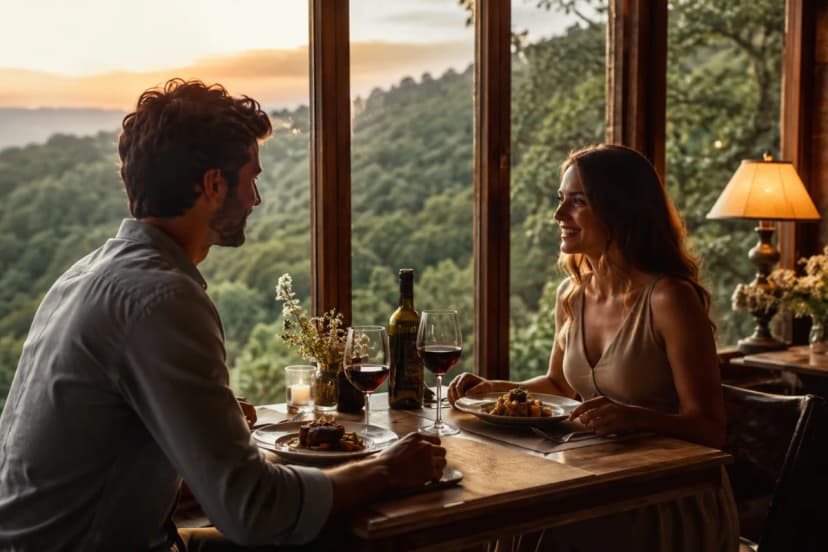 Cena de almoço romântico slow dining em restaurante acolhedor na Serra da Cantareira: mesa de madeira para dois com pratos bem apresentados e taças de vinho, luz quente e suave, ao fundo grandes janelas com vista para mata verde ao entardecer, atmosfera íntima e tranquila, composição cinematográfica com profundidade de campo, estilo fotografia realista editorial, iluminação natural dourada misturada com luz ambiente, enquadramento horizontal 16:9, sem texto, sem logotipos, sem marcas d’água