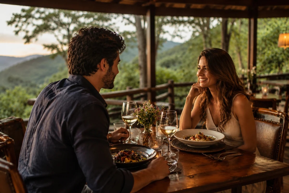 Casal em almoço romântico intimista em restaurante aconchegante na Serra da Cantareira, mesa para dois e taças, luz quente suave, fundo com natureza e árvores durante o dia, atmosfera calma e elegante, composição cinematográfica com profundidade de campo, estilo fotografia realista premium, enquadramento horizontal 600x400, sem texto, sem logotipos, sem marcas d’água