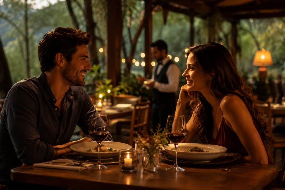 Cena de um almoço romântico em restaurante aconchegante na Serra da Cantareira: casal sentado em mesa para dois com vela e taças de vinho, garçom ao fundo com postura discreta, iluminação quente e suave, ambiente com madeira e vegetação ao redor, sensação de privacidade com mesas bem espaçadas, bokeh de luzes ao fundo, composição cinematográfica, estilo fotografia realista premium, foco no casal em primeiro plano, profundidade de campo rasa, enquadramento horizontal 16:9, sem texto, sem logotipos, sem marcas d’água
