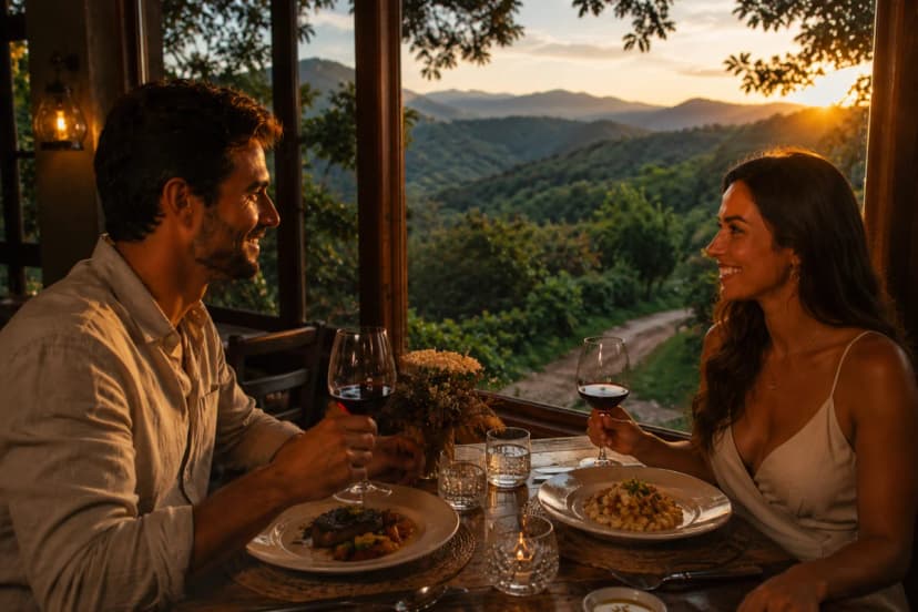 Casal em um restaurante aconchegante na Serra da Cantareira, mesa para dois perto de uma janela ampla com vista para mata atlântica e montanhas ao entardecer, atmosfera silenciosa e romântica, detalhes de louça elegante e taças, caminho de terra e vegetação ao fundo, composição cinematográfica com profundidade de campo, estilo fotografia realista editorial, iluminação natural dourada de fim de tarde, enquadramento horizontal 600x400, sem texto, sem logotipos, sem marcas d'água