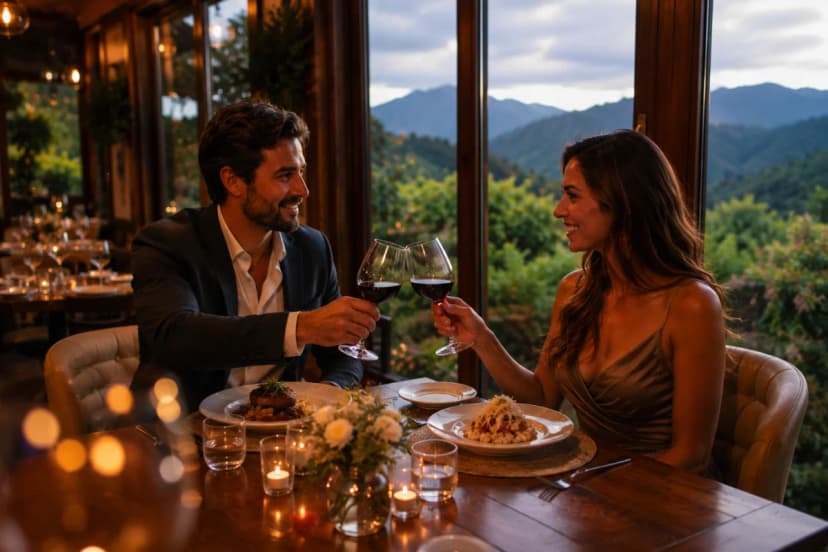 Cena de jantar romântico sofisticado em restaurante intimista na serra, mesa para dois perto de uma janela ampla com vista de montanhas no almoço, velas discretas e louças elegantes, taças de vinho, iluminação quente e suave, fundo com bokeh, atmosfera premium e acolhedora, composição cinematográfica, fotografia realista, alta definição, enquadramento horizontal 600x400, sem texto, sem logotipos, sem marcas d'água