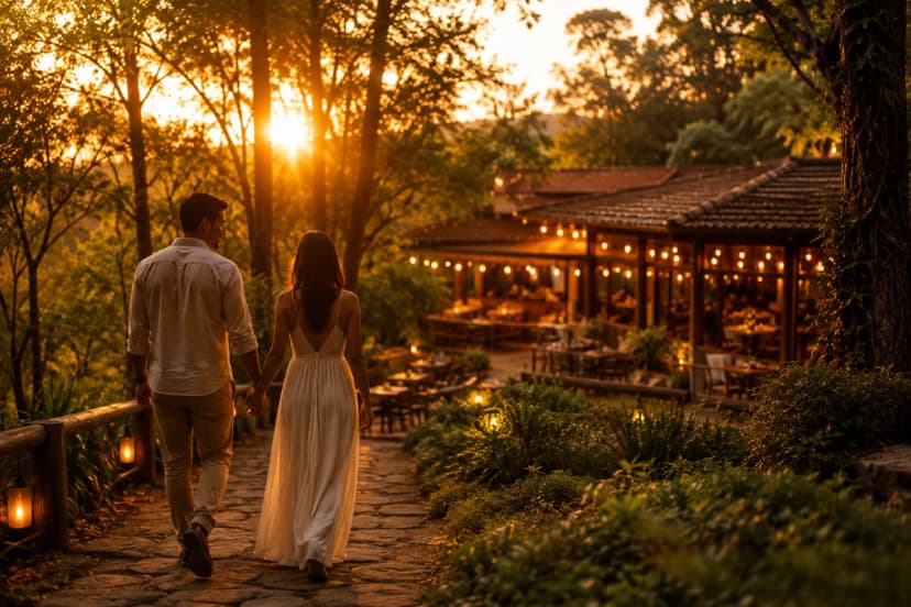 Capa fotográfica realista de um casal de costas caminhando de mãos dadas em uma trilha suave na Serra da Cantareira ao entardecer, com luz dourada atravessando árvores altas, ao fundo um restaurante aconchegante com iluminação quente e mesas externas discretas; composição com o casal no terço esquerdo e o cenário natural dominante, profundidade de campo suave, atmosfera romântica e tranquila, cores naturais, estilo editorial premium, iluminação cinematográfica, enquadramento horizontal 600x400, sem texto, sem logotipos, sem marcas d’água