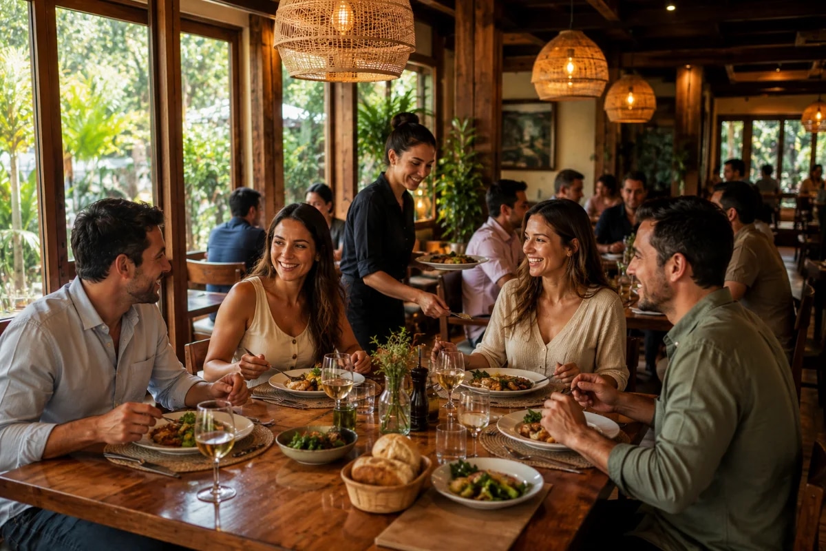Cena interna de um restaurante aconchegante e contemporâneo, com clientes relaxados conversando em uma mesa bem espaçada, equipe sorridente atendendo com postura discreta e acolhedora, iluminação quente e suave com luminárias pendentes, detalhes de madeira e plantas, ambiente calmo com sensação de conforto, composição cinematográfica realista, profundidade de campo, foco no clima humano e no serviço, enquadramento horizontal 600x400, sem texto, sem logotipos, sem marcas d’água