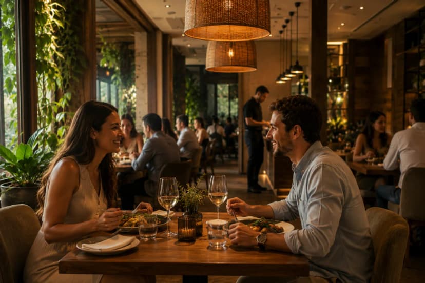 Capa para artigo sobre sinais invisíveis de acolhimento em restaurante: interior de restaurante contemporâneo e aconchegante, mesa posta para dois com louças neutras e guardanapo de tecido, luz quente indireta com luminárias pendentes suaves, equipe ao fundo em postura discreta e atenta sem interagir diretamente, clientes conversando em tom baixo, elementos de conforto sensorial (plantas, madeira, tecidos), composição limpa e elegante, profundidade de campo com foco na mesa e no corredor de atendimento, atmosfera de hospitalidade premium, estilo fotografia editorial realista, iluminação cinematográfica suave, enquadramento horizontal 600x400, sem texto, sem logotipos, sem marcas d’água