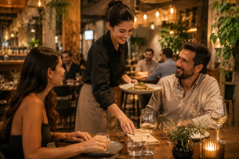 Cena em um restaurante acolhedor e contemporâneo: um garçom(a) entrega um prato com cuidado e atenção a um casal sorrindo, enquanto ajusta discretamente um guardanapo na mesa; ambiente com luz quente, detalhes de madeira e plantas, mesas bem postas, clima de hospitalidade e conforto emocional; composição com foco no gesto de cuidado em primeiro plano e salão suavemente desfocado ao fundo; estilo fotografia realista editorial, alta nitidez, iluminação suave e quente, profundidade de campo rasa; enquadramento horizontal 600x400, sem texto, sem logotipos, sem marcas d’água