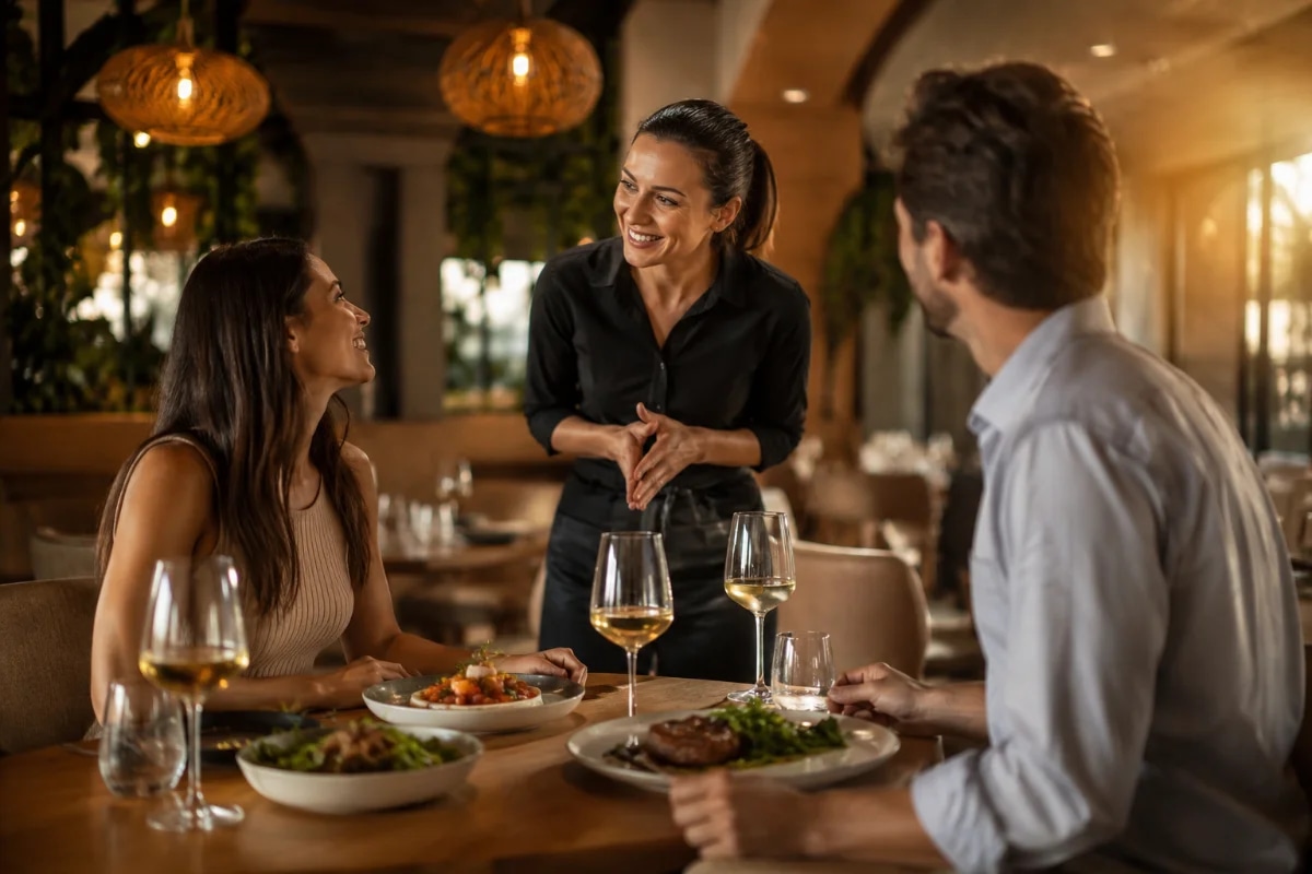 Cena em um restaurante contemporâneo e acolhedor, garçom(a) em interação empática com um casal à mesa, linguagem corporal atenta e discreta, pratos bem apresentados em primeiro plano, luz quente e suave de fim de tarde, ambiente com elementos de madeira e plantas, atmosfera intimista e elegante, profundidade de campo com fundo levemente desfocado, composição cinematográfica, fotografia realista, alta definição, enquadramento horizontal 600x400, sem texto, sem logotipos, sem marcas d’água