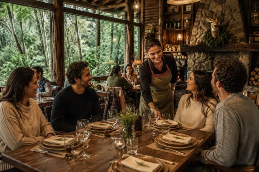 Cena em um restaurante contemporâneo e acolhedor no Brasil, com um casal e um pequeno grupo à mesa sorrindo antes de começar a comer, garçom(a) aproximando-se com postura atenciosa e discreta, iluminação quente e suave de fim de noite, detalhes de mesa bem posta (talheres, taças, guardanapos), ambiente com madeira e plantas, profundidade de campo rasa destacando a interação humana, composição cinematográfica, estilo fotografia editorial realista, cores naturais, enquadramento horizontal 600x400, sem texto, sem logotipos, sem marcas d’água