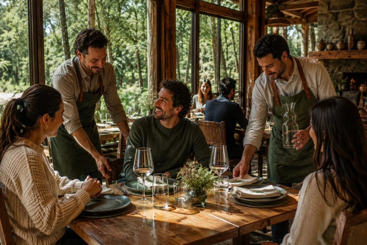 Cena em um restaurante contemporâneo e acolhedor, equipe de atendimento realizando pequenos gestos de hospitalidade: um garçom sorrindo discretamente enquanto ajusta a cadeira de um cliente, outro colocando um guardanapo dobrado com cuidado e servindo água; clientes relaxados e satisfeitos em uma mesa bem posta com louças neutras e taças; ambiente com luz quente, detalhes de madeira e plantas, atmosfera premium e humana; composição cinematográfica com foco no gesto e nas mãos, profundidade de campo suave, bokeh de luzes ao fundo; estilo fotografia editorial realista, alta qualidade, iluminação suave e quente, enquadramento horizontal 600x400, sem texto, sem logotipos, sem marcas d’água