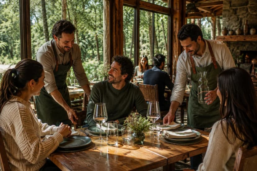 Cena em um restaurante contemporâneo e acolhedor, equipe de atendimento realizando pequenos gestos de hospitalidade: um garçom sorrindo discretamente enquanto ajusta a cadeira de um cliente, outro colocando um guardanapo dobrado com cuidado e servindo água; clientes relaxados e satisfeitos em uma mesa bem posta com louças neutras e taças; ambiente com luz quente, detalhes de madeira e plantas, atmosfera premium e humana; composição cinematográfica com foco no gesto e nas mãos, profundidade de campo suave, bokeh de luzes ao fundo; estilo fotografia editorial realista, alta qualidade, iluminação suave e quente, enquadramento horizontal 600x400, sem texto, sem logotipos, sem marcas d’água