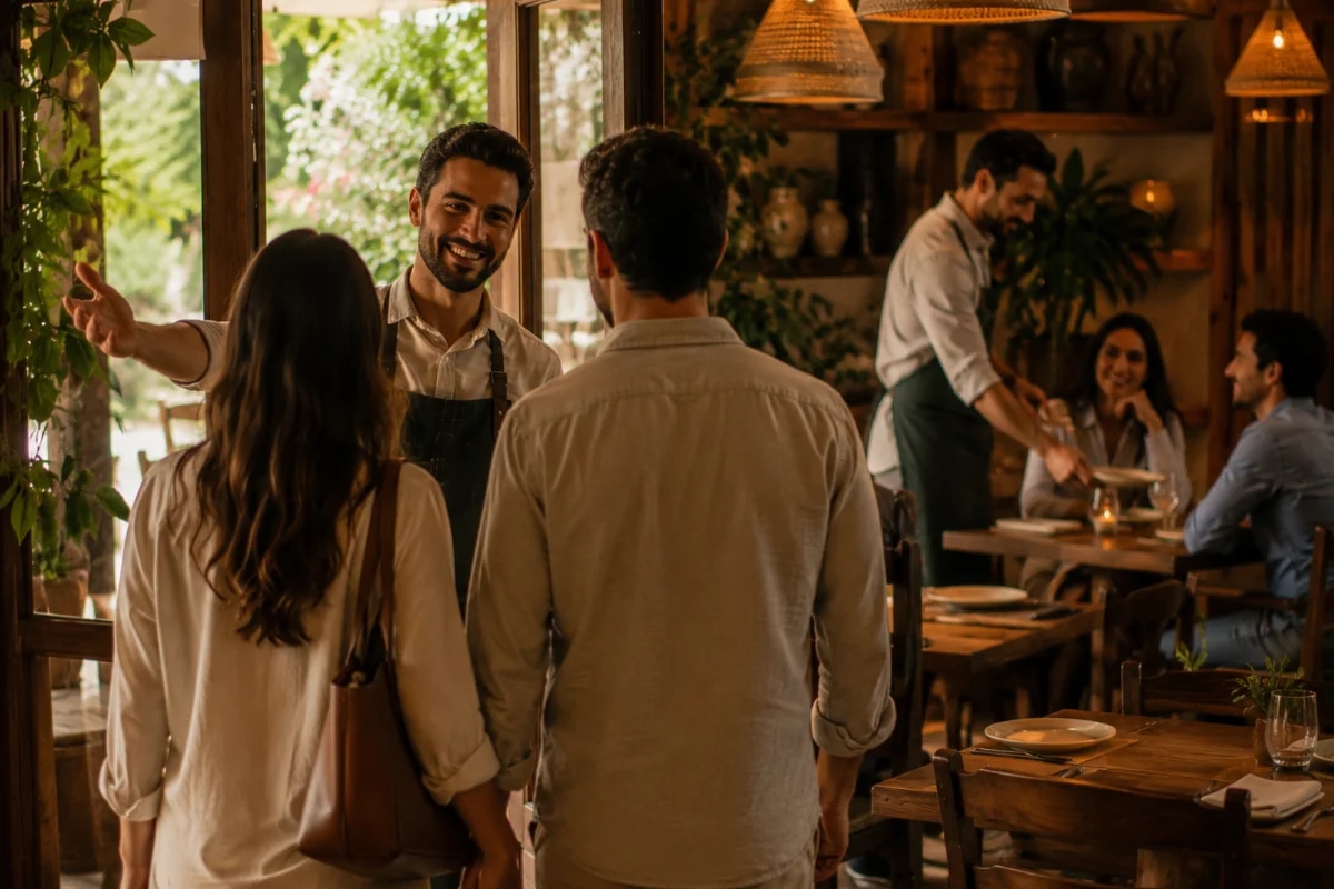 Fotografia editorial realista de um restaurante aconchegante e autêntico, com equipe sorridente recebendo um casal na entrada e um garçom servindo discretamente uma mesa ao fundo; ambiente com iluminação quente e suave, madeira, plantas e detalhes artesanais, sensação de hospitalidade e confiança; composição com profundidade de campo, foco no gesto de boas-vindas e nas expressões naturais, mesas organizadas e limpas; estilo cinematográfico, cores naturais, sem texto, sem logotipos, sem marcas d’água; enquadramento horizontal 600x400
