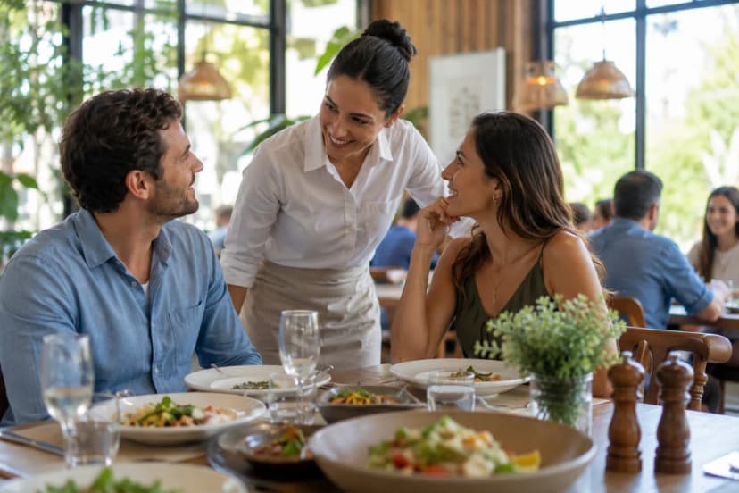 Fotografia editorial realista de um restaurante contemporâneo acolhedor à noite, garçom(a) sorrindo e atento(a) inclinando-se discretamente para ouvir um casal à mesa, pratos bem apresentados em primeiro plano desfocado, luz quente e suave de luminárias pendentes, ambiente elegante com pessoas ao fundo em bokeh, composição centrada no gesto de atendimento, profundidade de campo rasa, estilo cinematográfico, alta nitidez, enquadramento horizontal 600x400, sem texto, sem logotipos, sem marcas d'água