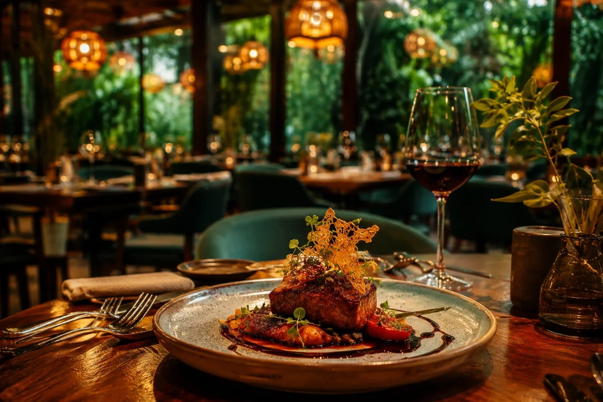Cena de restaurante sofisticado e acolhedor em meio à natureza, mesa posta com louças artesanais e talheres elegantes, prato gourmet bem empratado com contraste de cores e texturas (microverdes, molho brilhante, elementos crocantes), taça de vinho ao lado, luz quente e suave de luminárias pendentes criando reflexos delicados, fundo com bokeh de salão elegante e vegetação externa visível por grandes janelas, composição clean e premium, fotografia realista estilo editorial gastronômico, alta nitidez no prato e na mesa, profundidade de campo rasa, enquadramento horizontal 600x400, sem texto, sem logotipos, sem marcas d’água