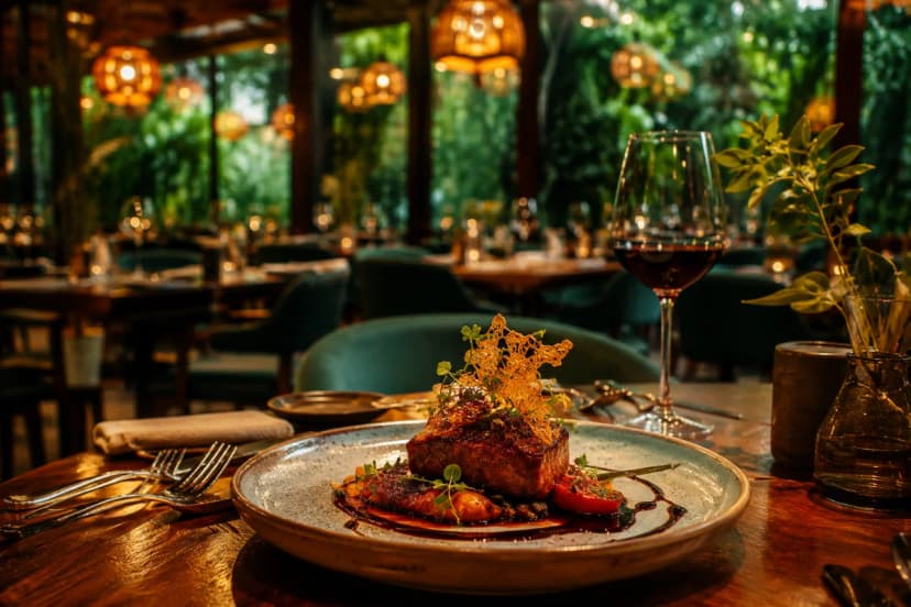 Cena de restaurante sofisticado e acolhedor em meio à natureza, mesa posta com louças artesanais e talheres elegantes, prato gourmet bem empratado com contraste de cores e texturas (microverdes, molho brilhante, elementos crocantes), taça de vinho ao lado, luz quente e suave de luminárias pendentes criando reflexos delicados, fundo com bokeh de salão elegante e vegetação externa visível por grandes janelas, composição clean e premium, fotografia realista estilo editorial gastronômico, alta nitidez no prato e na mesa, profundidade de campo rasa, enquadramento horizontal 600x400, sem texto, sem logotipos, sem marcas d’água