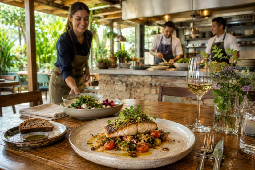 Cena em restaurante acolhedor e sofisticado com estética slow food: mesa posta com pratos autorais bem apresentados, ingredientes frescos e naturais, taças de vinho, velas discretas e luz quente. Ao fundo, cozinha semiaberta com chef finalizando um prato e equipe sorrindo em atendimento atencioso. Composição horizontal 600x400, foco no prato em primeiro plano e profundidade de campo suave, estilo fotografia editorial gastronômica realista, iluminação quente e suave, atmosfera intimista, sem texto, sem logotipos, sem marcas d’água.