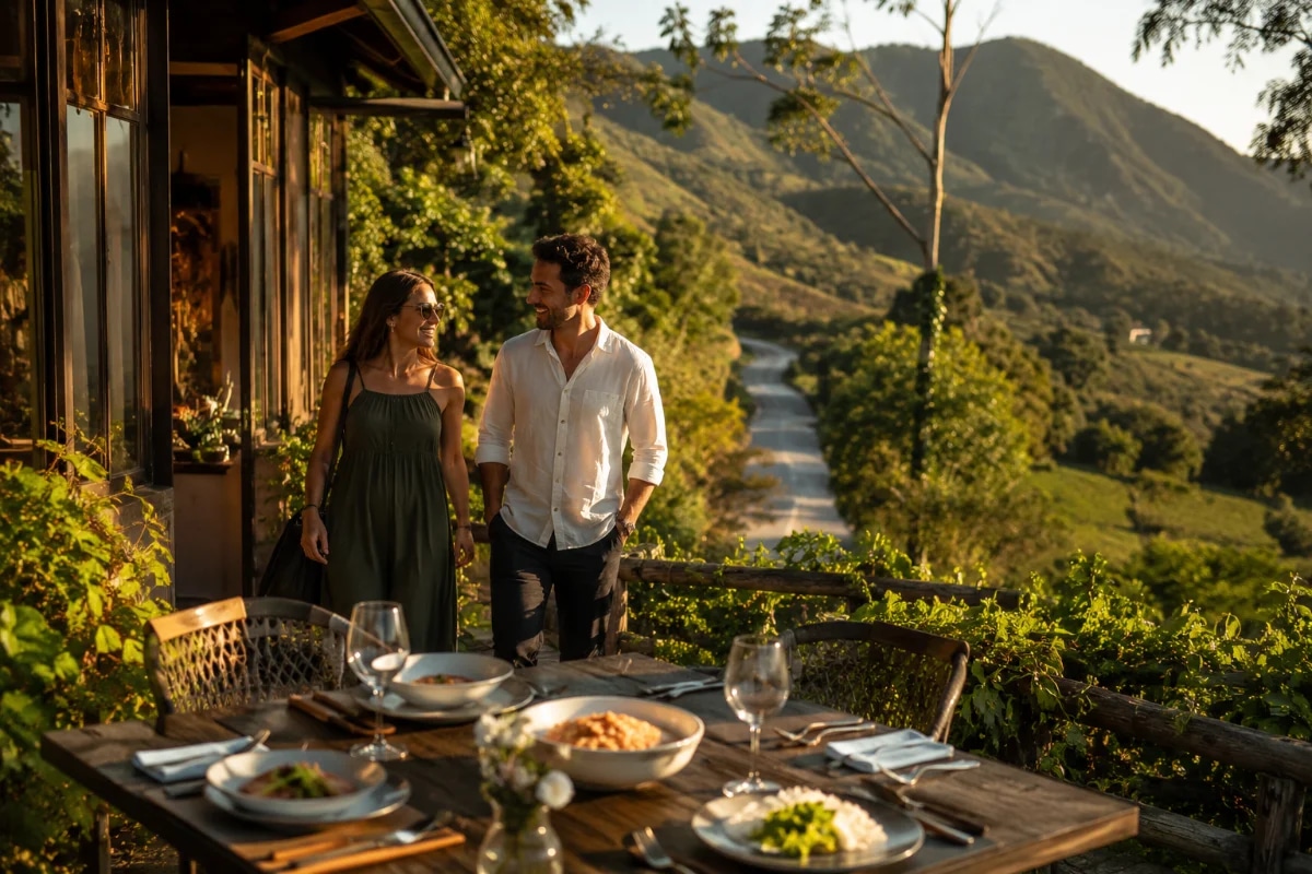 Fotografia realista de um casal chegando a um restaurante na serra em meio à natureza, estrada ao fundo e montanhas suaves, mesa externa com louças e pratos bem apresentados, clima de fim de semana tranquilo, vegetação verde, luz dourada de fim de tarde, atmosfera acolhedora e silenciosa, composição com profundidade (primeiro plano mesa, meio plano pessoas, fundo paisagem), estilo editorial de viagem e gastronomia, cores naturais, foco nítido, enquadramento horizontal 600x400, sem texto, sem logotipos, sem marcas d’água