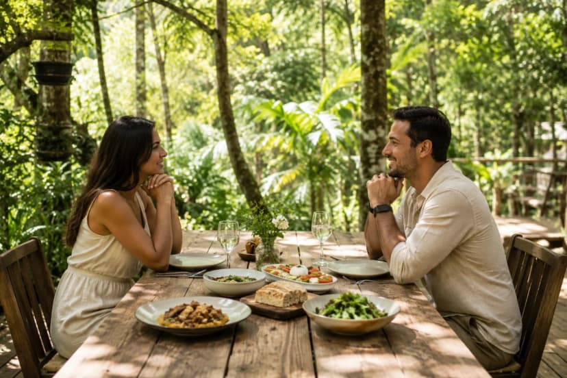Fotografia lifestyle realista de um almoço ao ar livre em meio à mata da serra: mesa rústica de madeira com pratos bem apresentados e talheres, duas pessoas sentadas conversando calmamente, mãos apoiadas na mesa em pausa antes de comer, luz natural suave de fim de manhã filtrada por árvores, fundo com vegetação verde e sensação de refúgio, profundidade de campo moderada com bokeh discreto, composição horizontal 600x400, enquadramento em plano médio com a mesa em primeiro plano e a natureza ao fundo, cores naturais, sem texto, sem logotipos, sem marcas d’água
