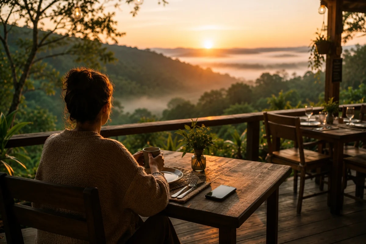 Capa horizontal 600x400 de um refúgio na natureza ao amanhecer: uma pessoa vista de costas sentada em um deck de madeira diante de um vale verde com árvores e neblina leve, uma caneca ao lado, celular desligado fora de foco. Ambiente silencioso e acolhedor, composição com regra dos terços, profundidade de campo suave, estilo fotográfico realista e cinematográfico, cores naturais, iluminação dourada suave, sem texto, sem logotipos, sem marcas d'água.