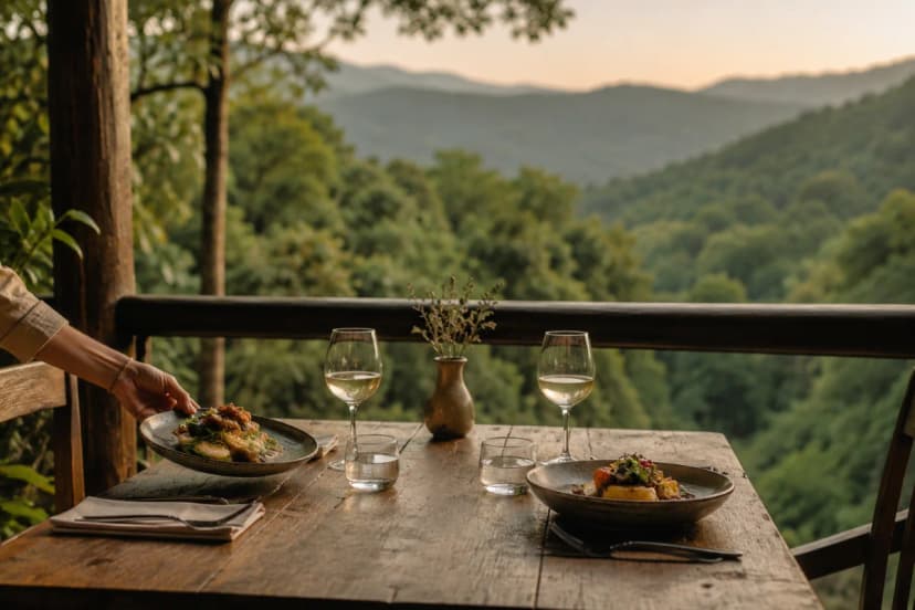 Cena de um restaurante na natureza na serra, com mesa posta para duas pessoas em varanda de madeira voltada para um vale verde com árvores e montanhas ao fundo; atmosfera silenciosa e acolhedora, pratos artesanais e taças discretas, sem pessoas em destaque (apenas mãos servindo suavemente), composição minimalista e elegante, foco em calma e slow food; luz natural suave de fim de tarde (golden hour), sombras macias, cores terrosas e verdes; fotografia realista, alta definição, profundidade de campo moderada, enquadramento horizontal 600x400, sem texto, sem logotipos, sem marcas d’água