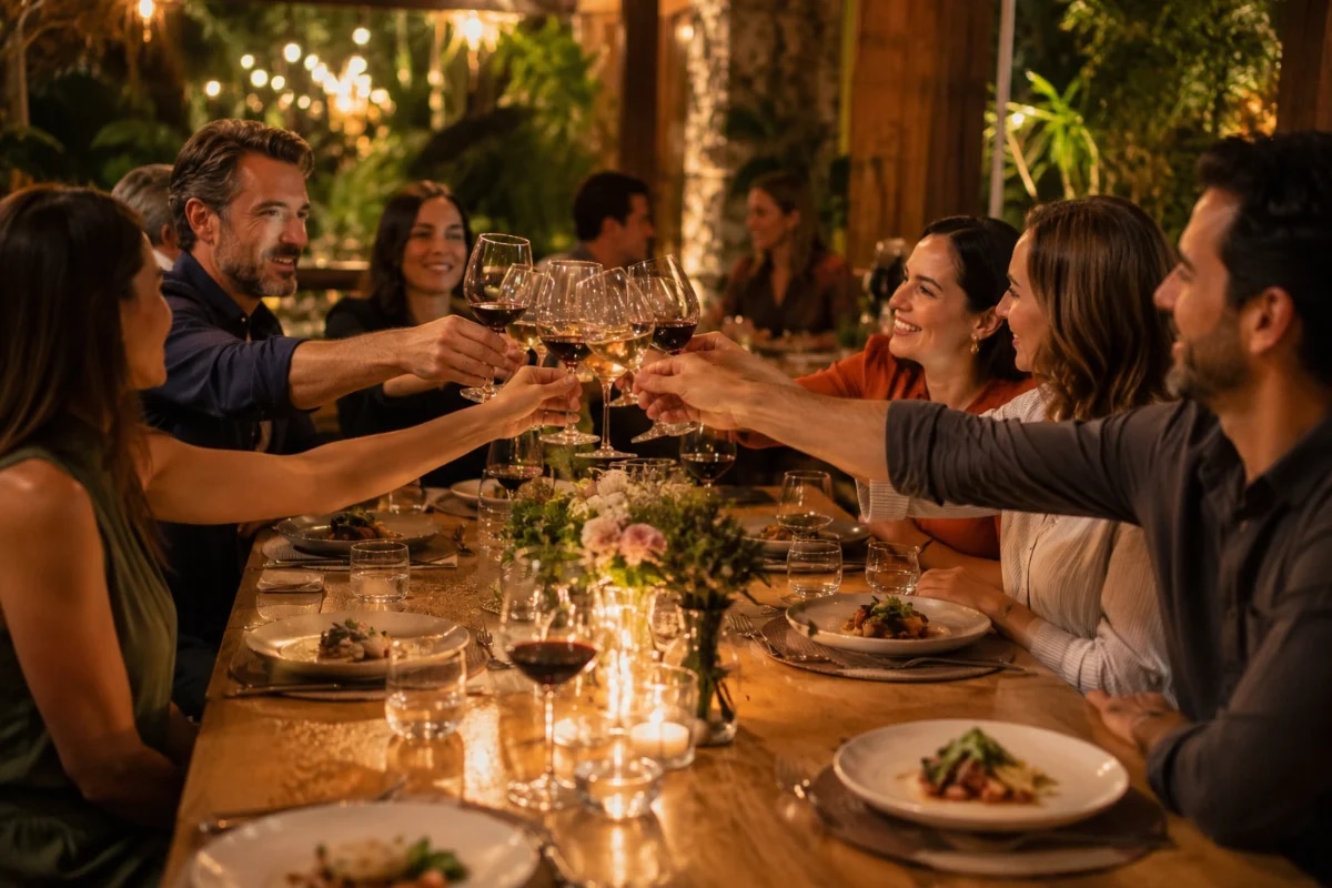 Fotografia editorial realista de uma comemoração intimista com poucos convidados em um restaurante acolhedor: mesa posta para 8 pessoas com louças neutras, taças de vinho, velas baixas e arranjo floral discreto; pessoas conversando e brindando de forma natural, sem poses; pratos bem apresentados chegando à mesa; ambiente com iluminação quente e suave, madeira e plantas ao fundo; composição com profundidade de campo rasa, foco no brinde e na mesa, bokeh de luzes; enquadramento horizontal 600x400, câmera na altura dos olhos, estilo sofisticado e contemporâneo, sem texto, sem logotipos, sem marcas d’água