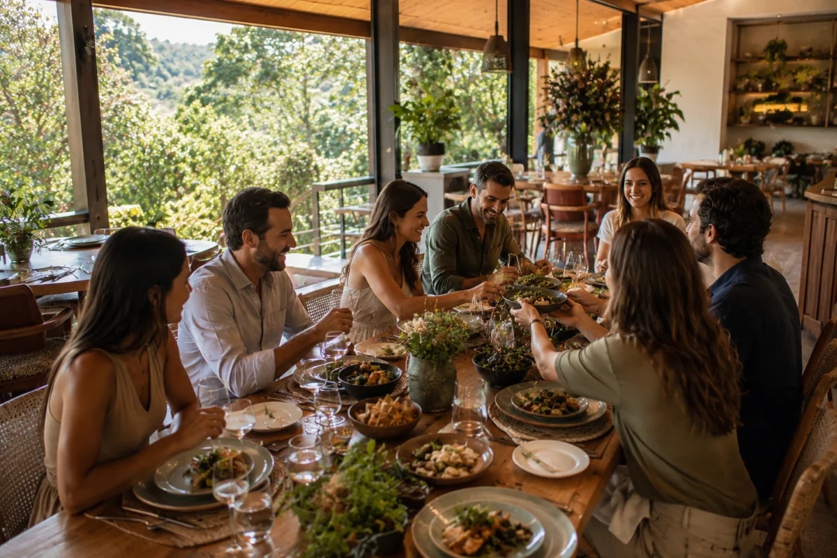 Cena de uma celebração intimista e elegante em um restaurante exclusivo com mesas bem postas, taças e pratos sofisticados, luz quente e indireta, ambiente com elementos de natureza ao fundo (jardim ou varanda), poucos convidados bem vestidos conversando, equipe de serviço discreta ao lado, composição cinematográfica, estilo fotografia editorial de gastronomia e eventos, profundidade de campo suave, cores naturais e aconchegantes, enquadramento horizontal 16:9, sem texto, sem logotipos, sem marcas d'água