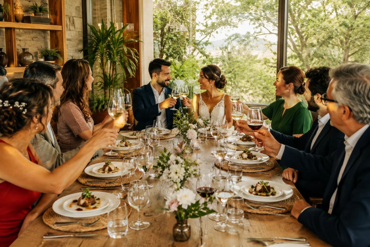 Fotografia editorial realista de uma mesa posta para celebração gastronômica intimista em restaurante elegante, com 8 lugares, pratos bem apresentados em etapas, taças de vinho, velas discretas e arranjo floral minimalista; ambiente acolhedor com iluminação quente indireta, fundo levemente desfocado sugerindo privacidade e acústica confortável; composição horizontal 600x400, enquadramento em três quartos a partir da cabeceira da mesa, profundidade de campo rasa, sem pessoas identificáveis, sem texto, sem logotipos, sem marcas d’água