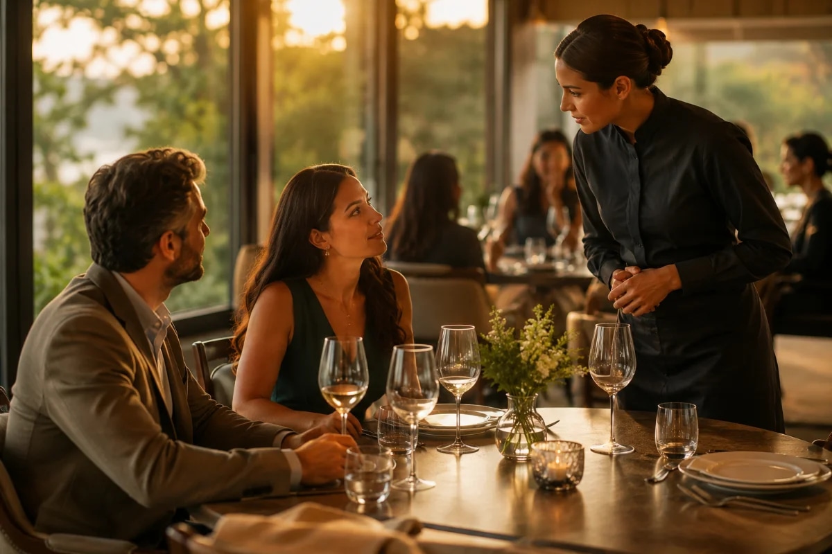 Capa para artigo sobre atendimento humanizado em restaurante: cena realista e elegante em um restaurante contemporâneo acolhedor, garçom(a) atento(a) em postura discreta ouvindo um casal à mesa com expressão natural, sem sorrisos forçados, detalhes de mesa bem posta (taças, talheres, prato), ambiente com luz quente e suave, fundo com bokeh e movimento sutil de salão, composição cinematográfica, foco no contato visual e linguagem corporal, estilo fotografia editorial premium, iluminação de fim de tarde, enquadramento horizontal 600x400, sem texto, sem logotipos, sem marcas d’água