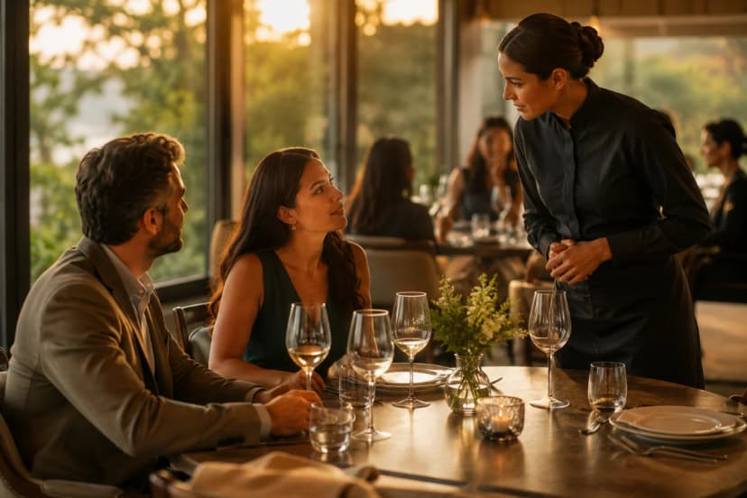 Capa para artigo sobre atendimento humanizado em restaurante: cena realista e elegante em um restaurante contemporâneo acolhedor, garçom(a) atento(a) em postura discreta ouvindo um casal à mesa com expressão natural, sem sorrisos forçados, detalhes de mesa bem posta (taças, talheres, prato), ambiente com luz quente e suave, fundo com bokeh e movimento sutil de salão, composição cinematográfica, foco no contato visual e linguagem corporal, estilo fotografia editorial premium, iluminação de fim de tarde, enquadramento horizontal 600x400, sem texto, sem logotipos, sem marcas d’água