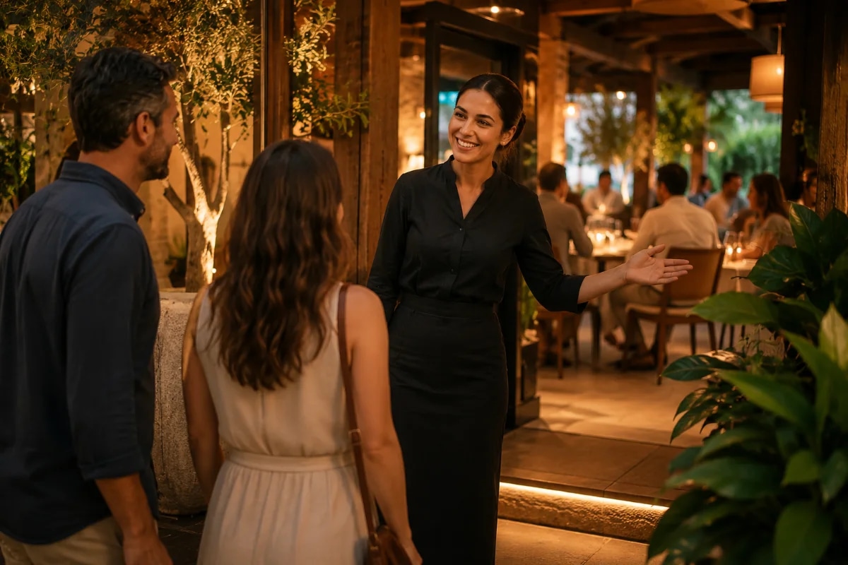 Cena em restaurante acolhedor e elegante, anfitriã sorridente recebendo um casal na entrada, contato visual e postura aberta, luz quente e suave, detalhes de madeira e plantas, mesas ao fundo com clientes conversando, atmosfera convidativa, composição cinematográfica com profundidade de campo, foco no gesto de boas-vindas, estilo fotografia realista editorial, iluminação de fim de tarde, enquadramento horizontal 600x400, sem texto, sem logotipos, sem marcas d'água
