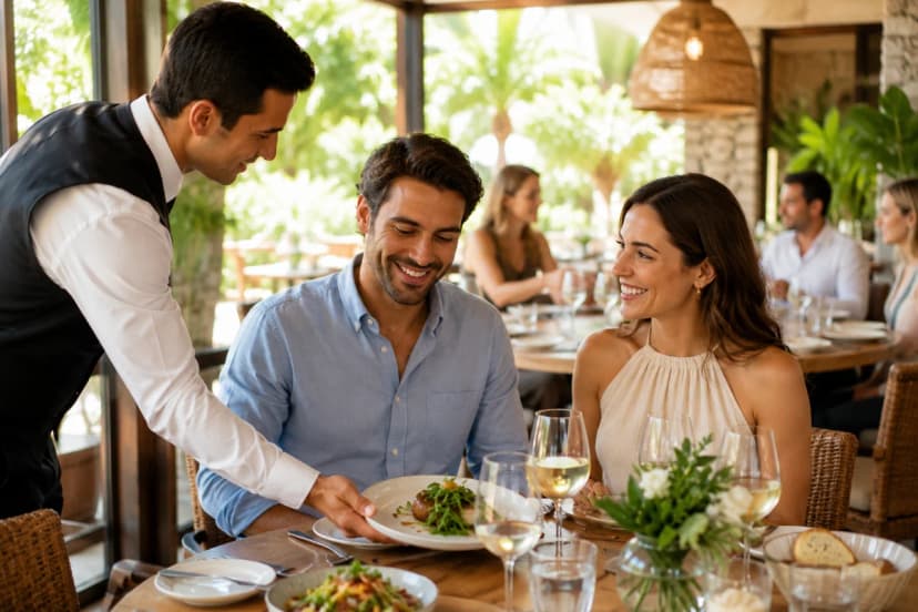 Fotografia editorial realista de um restaurante aconchegante à noite, garçom atento e discreto servindo uma mesa de casal sorrindo de forma natural, ambiente com luz quente e suave, detalhes de mesa bem posta, taças e pratos elegantes, fundo com bokeh e clientes desfocados, sensação de acolhimento e pertencimento, composição cinematográfica, profundidade de campo rasa, enquadramento horizontal 600x400, sem texto, sem logotipos, sem marcas d’água