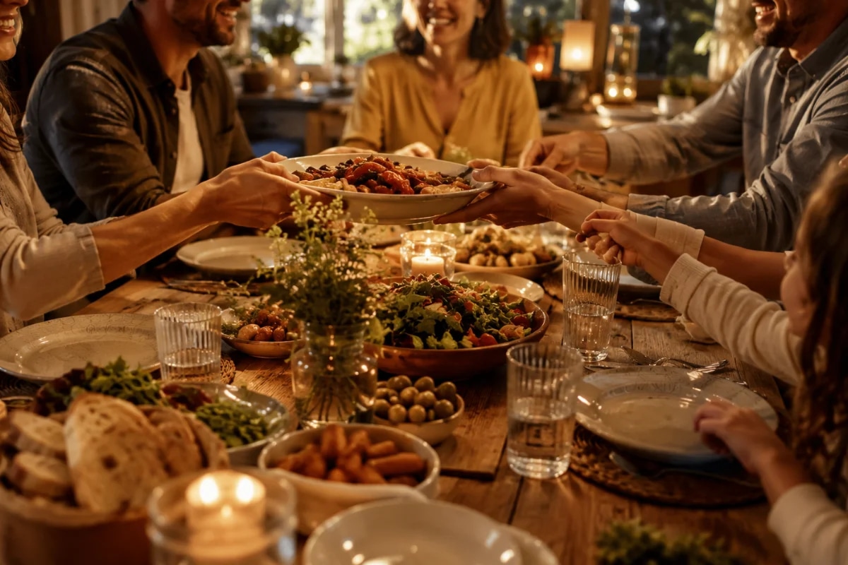 Fotografia realista em estilo editorial: mesa de jantar de madeira com pratos simples e comida caseira ao centro para compartilhar, várias mãos de diferentes idades servindo e passando travessas, rostos parcialmente visíveis sorrindo em conversa, ambiente acolhedor com luz quente de fim de tarde, velas discretas e elementos naturais (pão, ervas, frutas), fundo levemente desfocado com sensação de casa, composição horizontal 16:9, enquadramento ao nível da mesa, profundidade de campo suave, sem texto, sem logotipos, sem marcas d’água