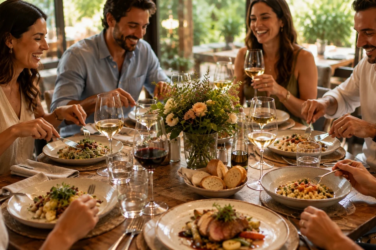 Fotografia gastronômica editorial de uma mesa posta elegante para ocasião especial, com três etapas do menu (entrada leve, prato principal sofisticado e sobremesa), taças para harmonização, arranjo floral discreto e velas, ambiente de restaurante aconchegante com fundo desfocado, luz quente suave e natural, composição clean e premium, foco no centro da mesa, profundidade de campo rasa, enquadramento horizontal 16:9, sem texto, sem logotipos, sem marcas d'água