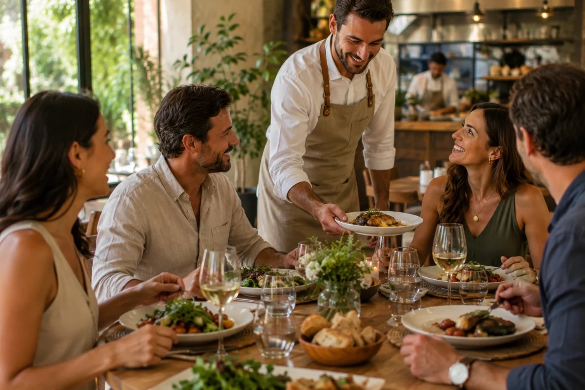 Fotografia editorial realista de um jantar elegante em ambiente acolhedor, mesa posta com louças neutras e taças, convidados conversando enquanto um garçom se aproxima com o próximo prato, sensação de ritmo e expectativa, cozinha ao fundo levemente desfocada, iluminação quente e suave de restaurante, profundidade de campo rasa, composição horizontal 600x400, enquadramento ao nível dos olhos, sem texto, sem logotipos, sem marcas d'água