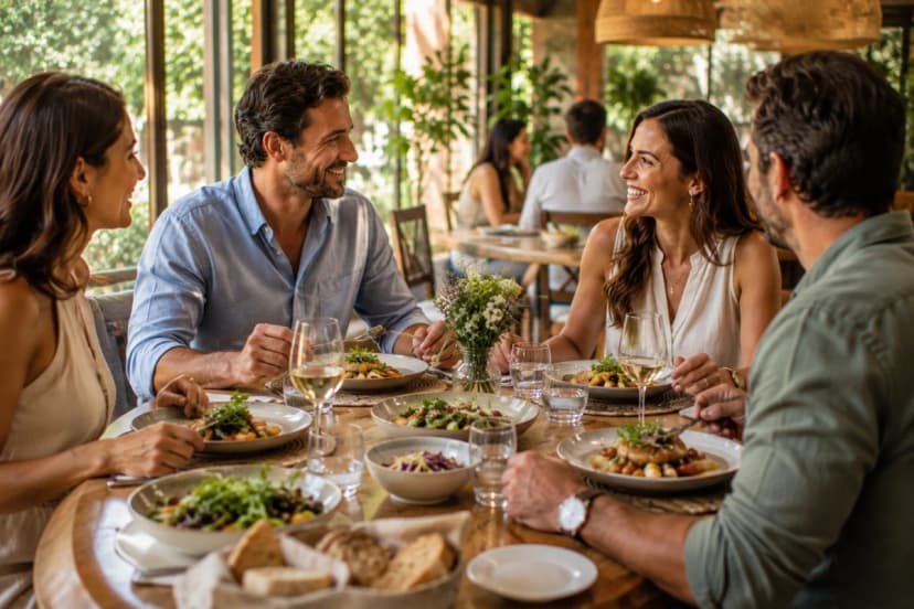 Cena de uma mesa posta em restaurante acolhedor e sofisticado, com um casal e amigos em conversa suave, pratos bem apresentados com vapor sutil, taças de vinho, luz quente de velas e luminárias pendentes, detalhes de textura (madeira, linho, cerâmica), ambiente intimista com fundo levemente desfocado, sensação de ritual e presença, fotografia realista cinematográfica, cores quentes, iluminação suave e contrastada, profundidade de campo rasa, enquadramento horizontal 600x400, sem texto, sem logotipos, sem marcas d'água
