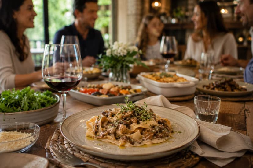 Fotografia gastronômica realista de um almoço especial em mesa posta de madeira rústica em ambiente acolhedor e contemporâneo, com família ao fundo desfocada, prato principal tradicional com toque moderno (massa artesanal com molho cremoso e finalização delicada), acompanhamentos em travessas, taças de vinho e luz natural suave entrando pela janela; composição elegante, cores quentes, profundidade de campo rasa, estilo editorial premium, enquadramento horizontal 600x400, sem texto, sem logotipos, sem marcas d'água