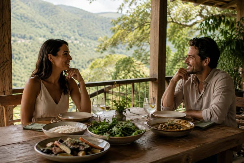 Cena de almoço de fim de semana ao ar livre em uma varanda rústica na serra, mesa de madeira posta com louças artesanais, comida caseira em travessas, taças com água e limão, luz natural suave de fim de tarde, vista de montanhas e árvores ao fundo, duas pessoas em clima calmo conversando sem celulares, atmosfera de slow living, composição clean e acolhedora, profundidade de campo moderada, fotografia realista editorial, enquadramento horizontal 600x400, sem texto, sem logotipos, sem marcas d'água