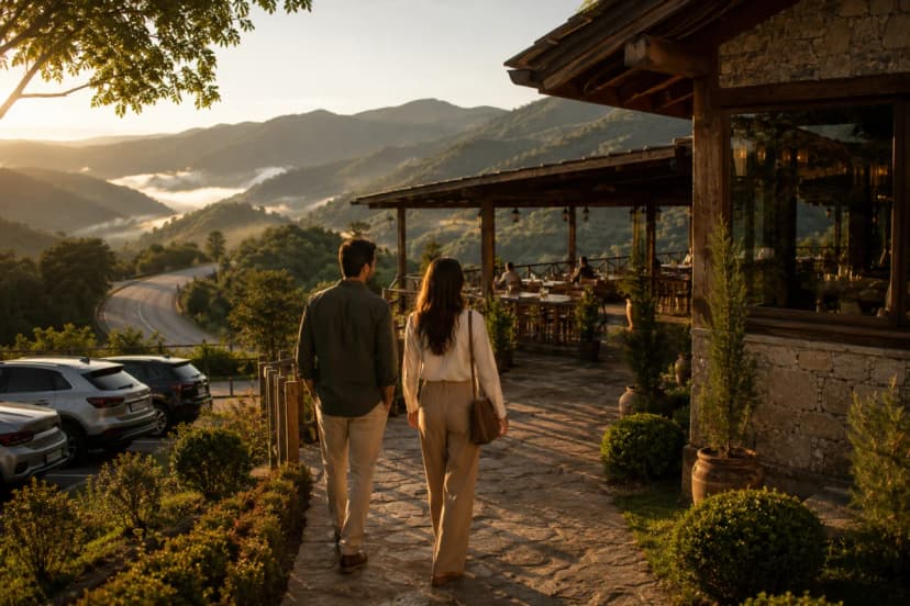 Fotografia editorial realista de um casal chegando a um restaurante na serra em um bate-volta, estrada sinuosa ao fundo e montanhas com neblina leve, fachada rústica elegante com madeira e pedra, mesas externas com vista panorâmica, carros estacionados discretamente, clima de fim de semana tranquilo, composição com caminho conduzindo o olhar até a entrada, profundidade de campo suave, luz natural de fim de tarde dourada, cores quentes e verdes, enquadramento horizontal 600x400, sem texto, sem logotipos, sem marcas d'água