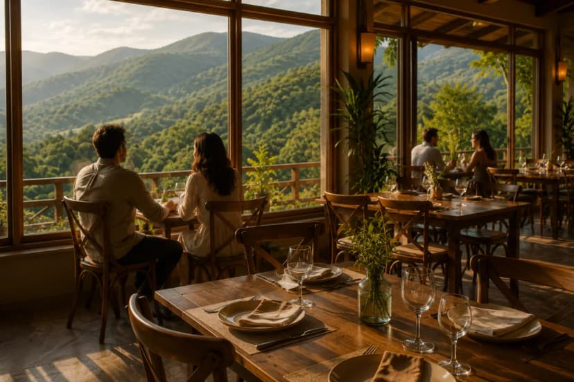 Capa para artigo sobre como a paisagem influencia o tempo de permanência em restaurante: salão aconchegante com grandes janelas panorâmicas voltadas para montanhas e mata atlântica, mesas de madeira com poucos clientes conversando calmamente, luz natural suave de fim de tarde entrando pelas janelas, detalhes de plantas internas e varanda ao fundo, atmosfera de refúgio e silêncio, composição equilibrada com profundidade (primeiro plano mesa posta, meio plano clientes, fundo paisagem), estilo fotografia editorial realista, cores naturais, alta nitidez, iluminação quente e difusa, enquadramento horizontal 600x400, sem texto, sem logotipos, sem marcas d’água