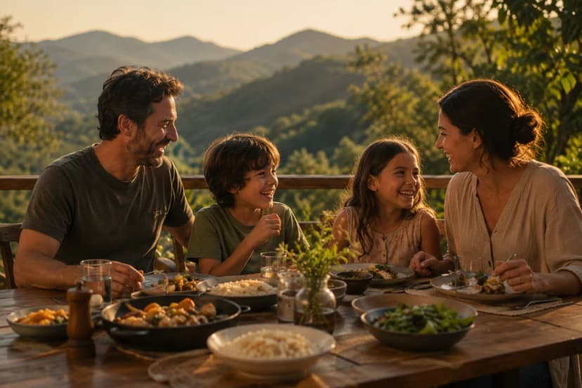 Fotografia lifestyle realista de uma família brasileira (pais e duas crianças) em um almoço ao ar livre em restaurante na serra, mesa de madeira com pratos de comida caseira e ingredientes frescos, ao fundo montanhas verdes e árvores, clima de fim de semana tranquilo, luz dourada de fim de tarde, atmosfera acolhedora e natural, composição com a mesa em primeiro plano e paisagem desfocada ao fundo, profundidade de campo suave, cores quentes, enquadramento horizontal 600x400, sem texto, sem logotipos, sem marcas d’água
