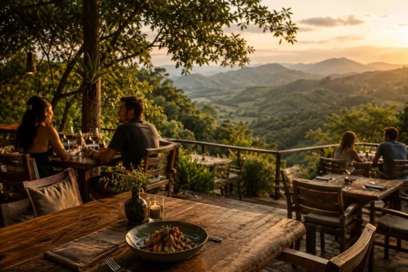 Cena de um restaurante tranquilo ao ar livre em meio à natureza, com mesas de madeira bem espaçadas em um deck com vista para montanhas e vale verde, poucas pessoas conversando em tom baixo, pratos servidos com elegância, vegetação nativa ao redor, luz dourada de fim de tarde, atmosfera de descanso e silêncio, composição cinematográfica, profundidade de campo suave, estilo fotográfico realista premium, cores naturais, enquadramento horizontal 600x400, sem texto, sem logotipos, sem marcas d'água